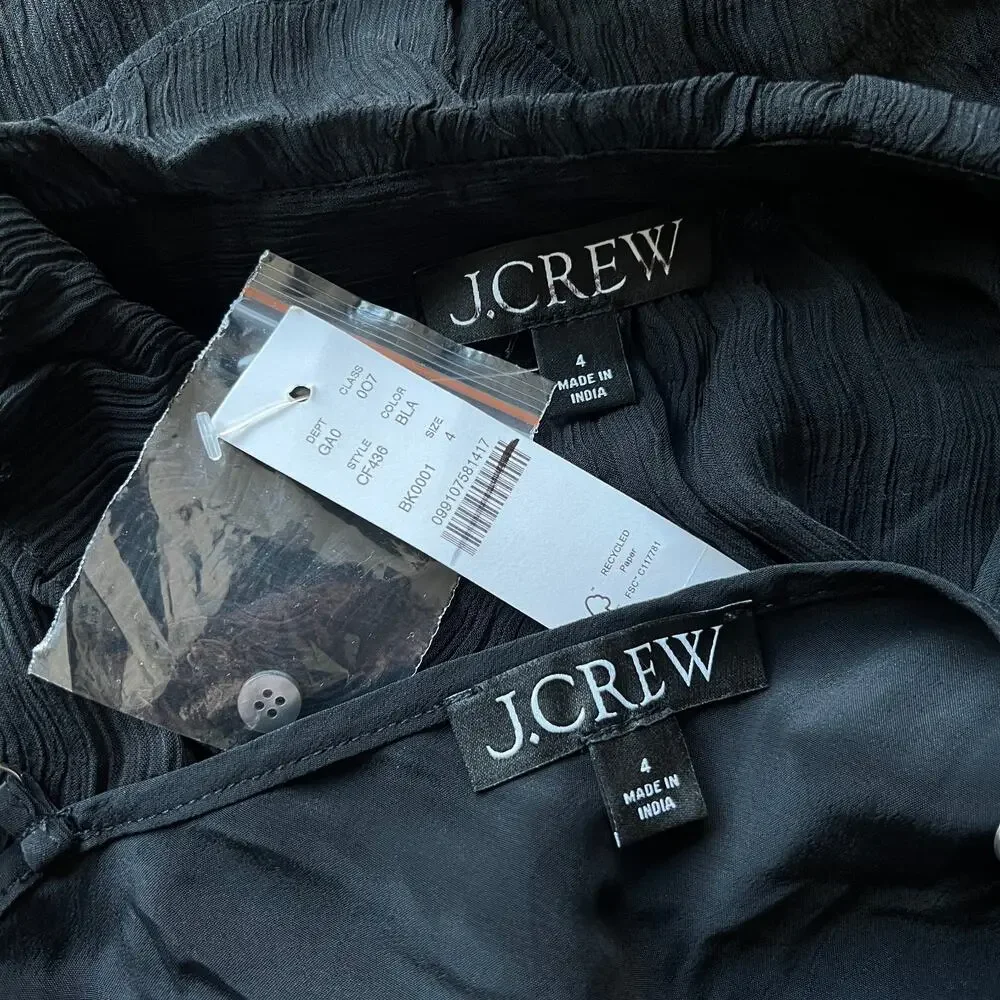 J Crew Ruffle Button Up Shirt In Crinkle Chiffon Womens Size 4 Sheer Black Flaws